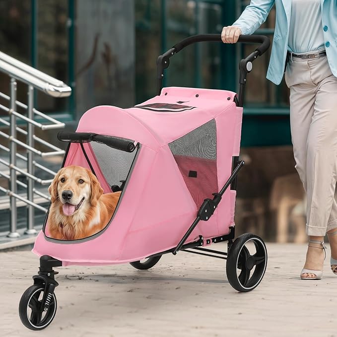 Magshion Pet Stroller for Medium Dogs w/Adjustable Handle, 3-Wheel Dog Cat Wagon w/Dual Entry, Rear Storage, Breathable Mesh, One-Foot Brake, Ideal for Large Pets up to 55 lbs, Pink