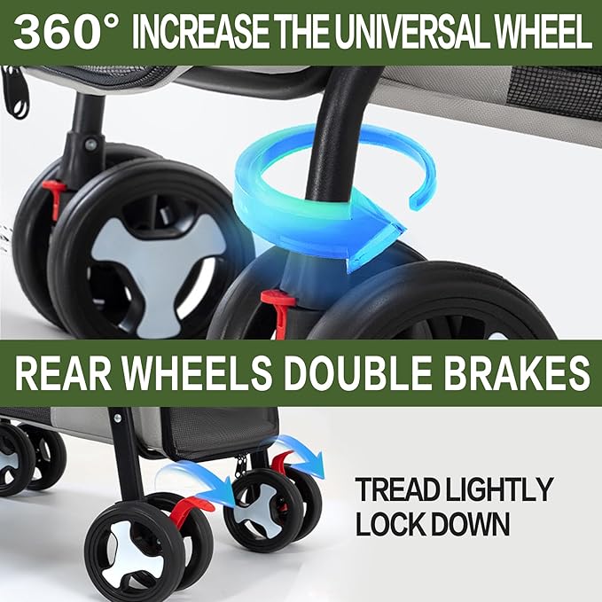 Pet Stroller Double Deck 4 Wheels - Easy-Fold Dog Cat Stroller for Small Medium Dog Cats Carrier, Travel Folding Carrier Breathable and Visible Mesh with Cup Holder（Gray）