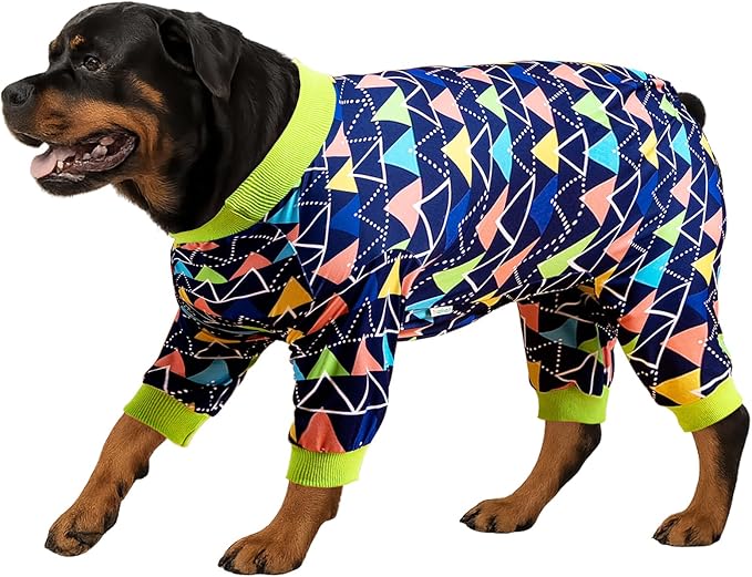 LovinPet Dog PJS Onesies for Giant Dogs - Blue Triangle Print, Post Surgery Shirt, UV Protection, Pet Anxiety Relief, Wound Care Onesie for Large Dog,XL
