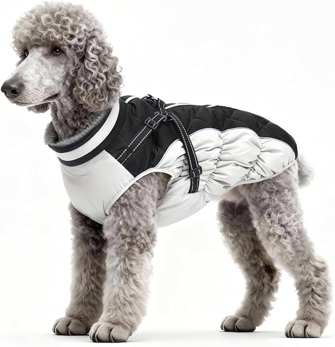 Dog Winter Coat with Harness, Dog Jacket, Pet Clothes with Zipper on Back, Waterproof Windproof Warm Vest, Reflective Cold Weather Coats, for Small Medium Large Dogs, Thick, Black, L