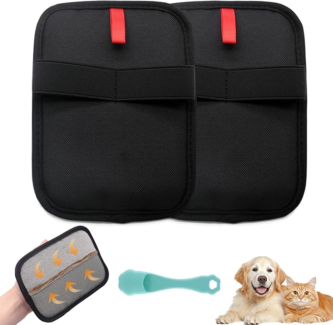Pet Hair Removal Glove for Small Hands, 2Pcs Electrostatic Dog Cat Hair Remover Gloves for Furniture Car Seat Couch, Reusable Grooming & Shedding Tool with Free Steel Comb & Toothbrush