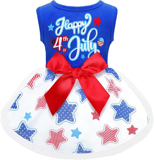 Happy 4th of July Dog Outfit Patriotic Dog Tulle Dress with Red Bowknot Independent Day Dogs Pet Doggie Apparel Clothes for Small Dogs Puppy Cats Girl