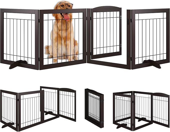 Vantas Folding Pet Gate 96" Wide, 30" Tall No-Assembly Wooden Dog Gate with Door Walk Through, Freestanding Wire Pet Gate, Pet Puppy Safety Fence, with 2PCS Support – Espresso