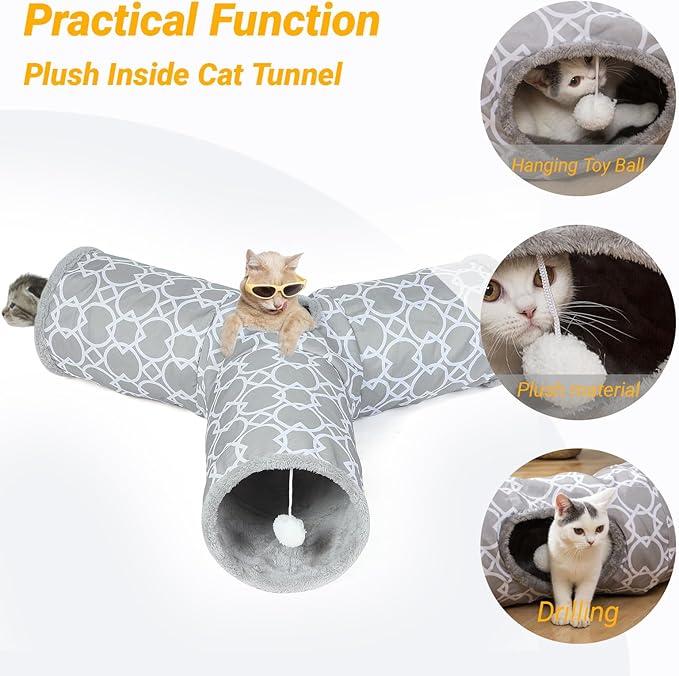 LUCKITTY Geometric 3 Way Cat Tunnel with Plush Inside,Cats Toys Collapsible Tunnel Tube with Balls, for Rabbits, Kittens, Ferrets,Puppy and Dogs
