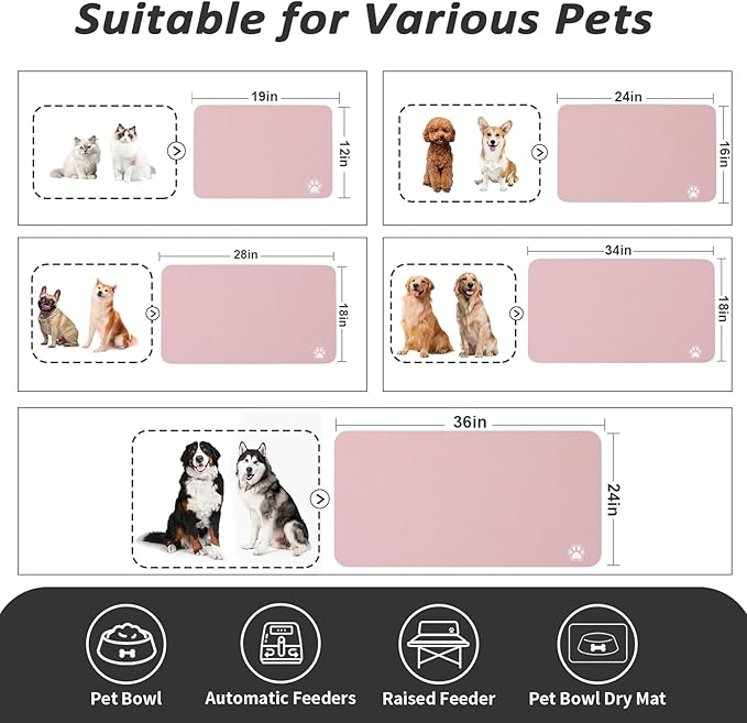 Pet Feeding Mat - Absorbent Dog Mat for Food and Water, No Stains Cat Bowl Mat, Easy to Clean Pet Placemats, Quick Dry Dog Water Dispenser Mat for Messy Drinkers | Paw Pink 18"x34"
