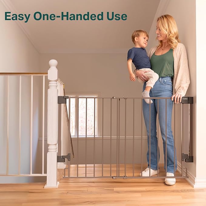 Cumbor 29.2–43" Baby Gate for Stairs, Wall-Mounted (Drill Required), Expandable No Bottom Bar Dog Gate, Auto Close Extra Wide Walk Thru, Pet & Toddler Proof Gate, Top & Bottom of Stairways (Brown)