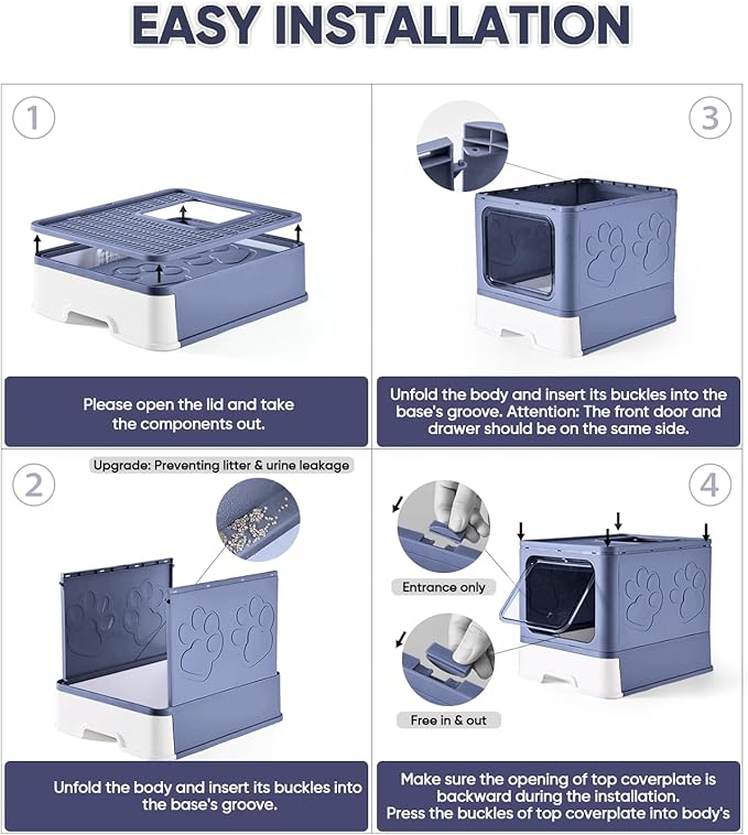 Cat Litter Box with X-Large Litter Mat and Scoop, Large Foldable Litter Box with Lid, Enclosed Kitty Box,Front Top Entry Exit, Odor Control Easy to Clean (Upgrade Midnight)