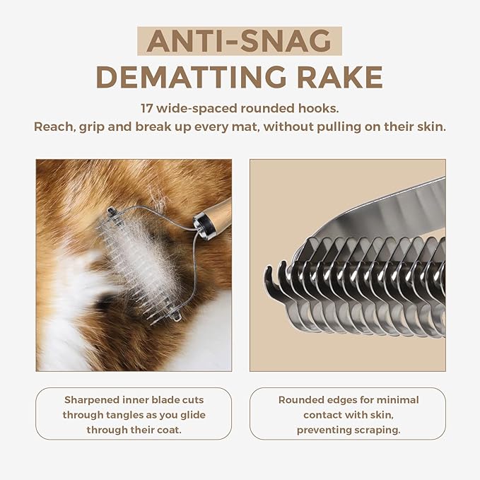 Undercoat Rake for Dogs - Professional Pet Shedding Dematting Comb with Wood Handle, Stainless Steel Blades for Pet Cats Dogs Matted Hair Tangles Removing