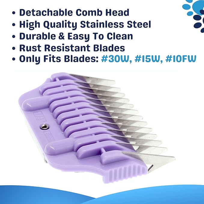 6MM 1/4" Cut Wide Clipper Guard Attachment for A5 Type Blade |Stainless Steel Blade for Professional Groomers and Stylist | Snap-On/Off Design