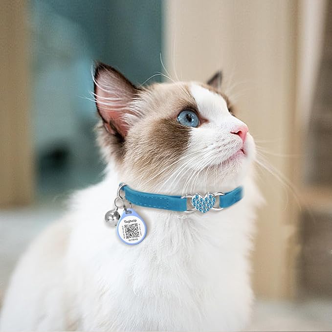2 Pack-Heart Bling Cat Collar with Safety Belt and Bell Diamond,Adjustable Soft Velvet Leather Safe Kitten Collars with Crystal Heart Charm and Bells,Girl Bling Stylish with Safety Elastic (Blue&Pink)