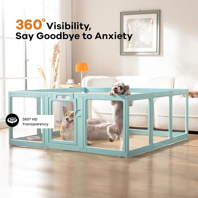 Clear Acrylic Dog Playpen Indoor, Puppy Cat Small Pet Play Pen, Pet Cat Foldable Playpen for Rabbits, Dog Fence Crate Kennel Whelping Cage (Green, 12 Panel)