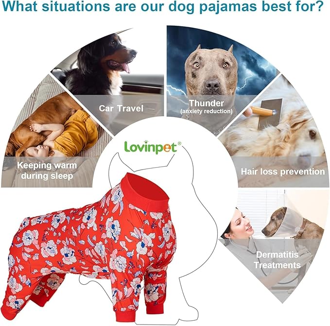 LovinPet Large Dogs PJS sweatshirt, Anti Licking, UV Protections Dog Shirt, Stretchy Comfortable Skin-friendly Fabric, Post Surgery Recovery Dog Pajamas, Red & Peach Floral Print, Onesies for Dogs,3XL