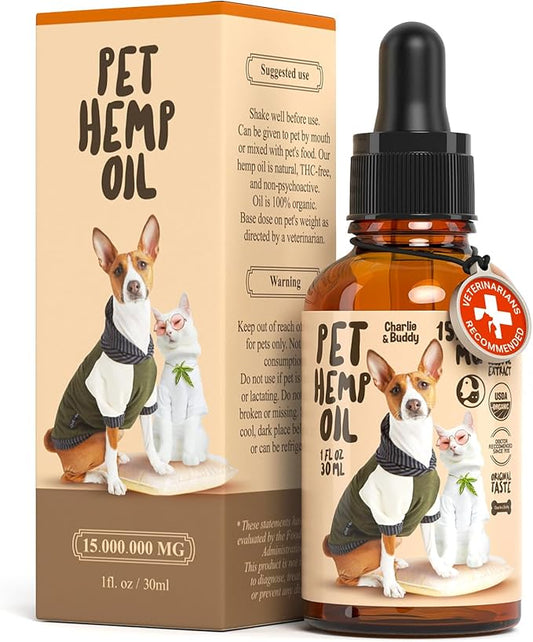 Charlie Buddy - Hеmp Oil for Dogs Cats - Hip and Joint Support and Skin Health - Anxiety, Calm, Pain - Omega 3, 6, 9 and Vitamins B, C, E