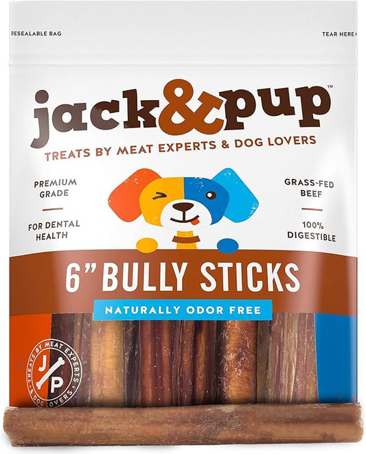 Jack&Pup 6 Inch Bully Sticks for Medium Dogs (25 Pack) Dog Chews Long Lasting, Single Ingredient 100% Beef Bully Sticks for Dogs