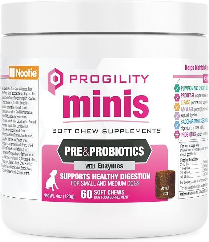 Nootie Progility Mini Pre & Probiotic Supplement, Digestive Aid Supplement for Dogs, 60 Soft Chews per Container