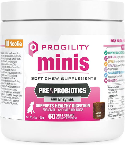 Nootie Progility Mini Pre & Probiotic Supplement, Digestive Aid Supplement for Dogs, 60 Soft Chews per Container
