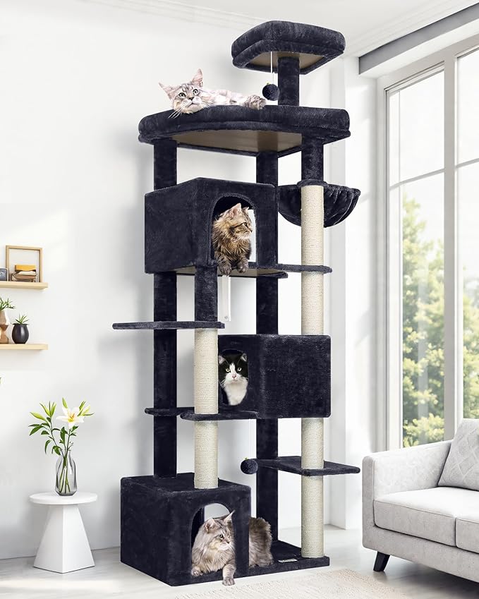 Globlazer Extra Large Cat Tree Tower for Indoor Cats Large Adult, 80in Heavy Duty Cat Tree with 3 Spacious Cat Condos, Oversized Fan-shaped Perch, 6 Full Wrapped Sisal Scratching Posts, S80, Dark Grey