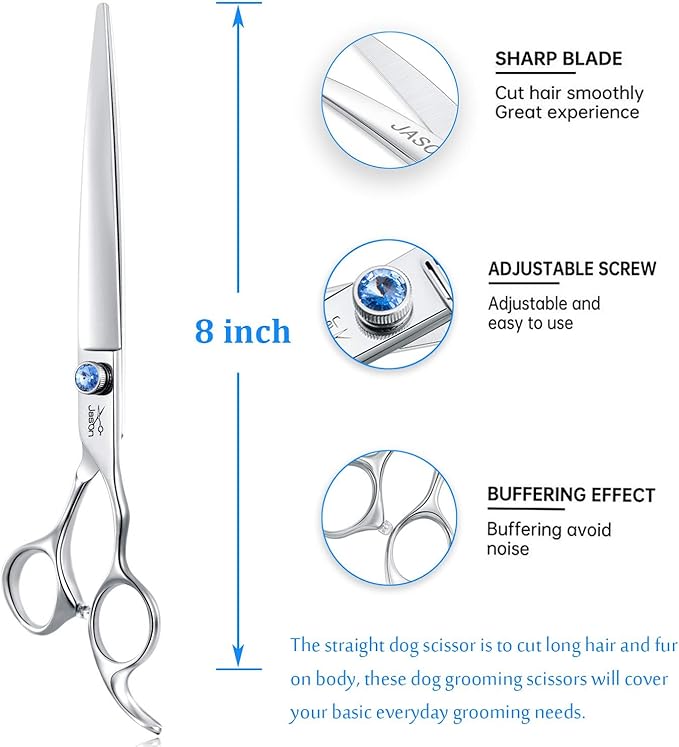 JASON 8" Straight Dog Grooming Scissors Long Pets Grooming Shears Premium Cats Trimming Kit with Offset Handle and a Jewelled Screw Sharp Comfortable