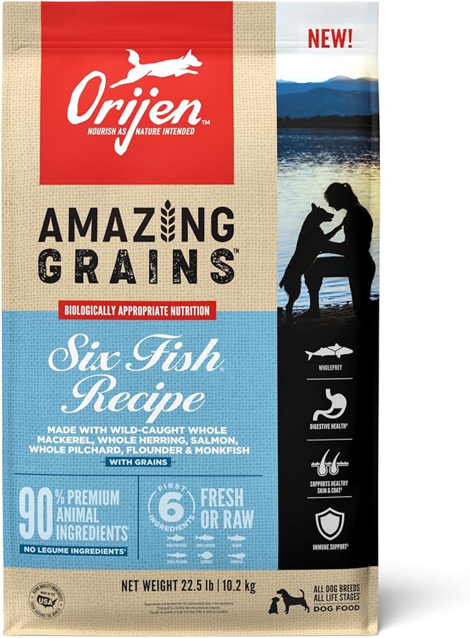 ORIJEN Amazing Grains High Protein Dry Dog Food Six Fish Recipe 22.5lb Bag