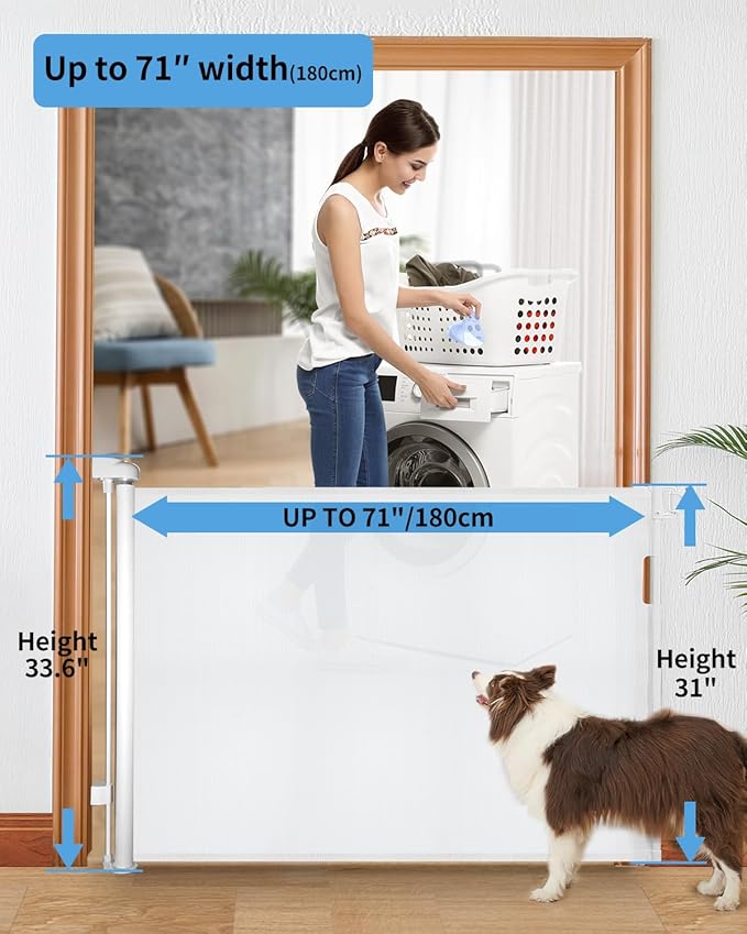 Retractable Baby Gate for Doorways and Stairs, Mesh Safety Gate for Pet, Indoor & Outdoor Use, One-Hand Operation, Easy Installation, 33.6" Tall, Expands to 71" Wide（White,33.6"x71"）