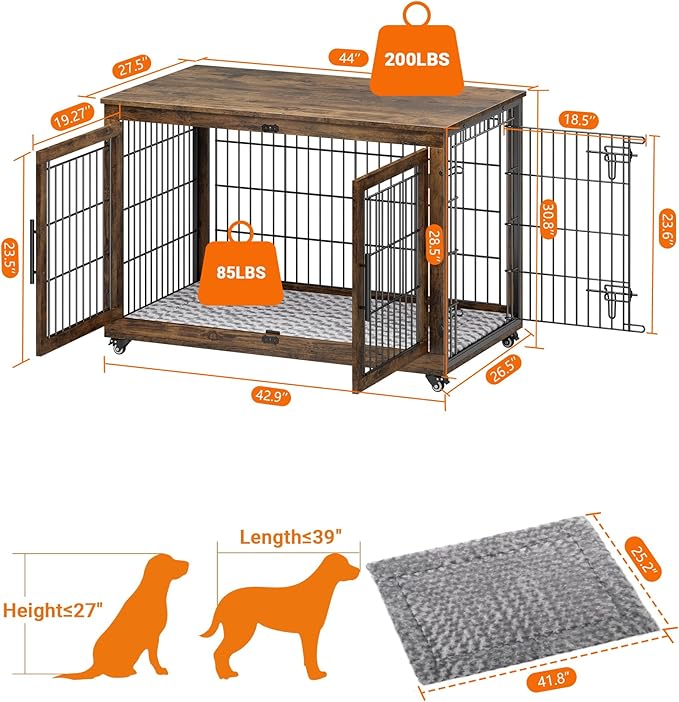 Dog Crate Furniture with Cushion Set of 2, Wooden Dog Kennel Indoor with Double Doors, Dog Cage with Wheels, Dog House Side End Table for Large Dogs up to 85 lb, 44" L, Rustic Brown