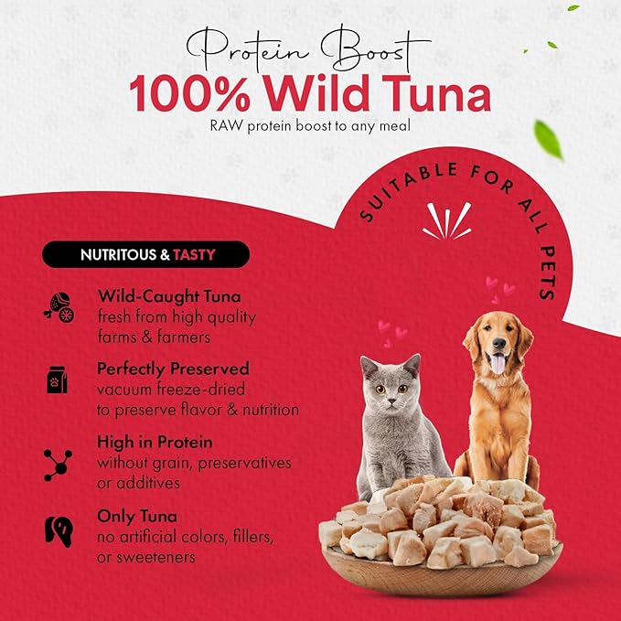 Freeze-Dried Tuna Treats for Cats & Dogs – 100% Wild Caught, Single Ingredient, High-Protein, Healthy Snack – No Additives or Preservatives – 1.7oz - Inspected & Tested in USA