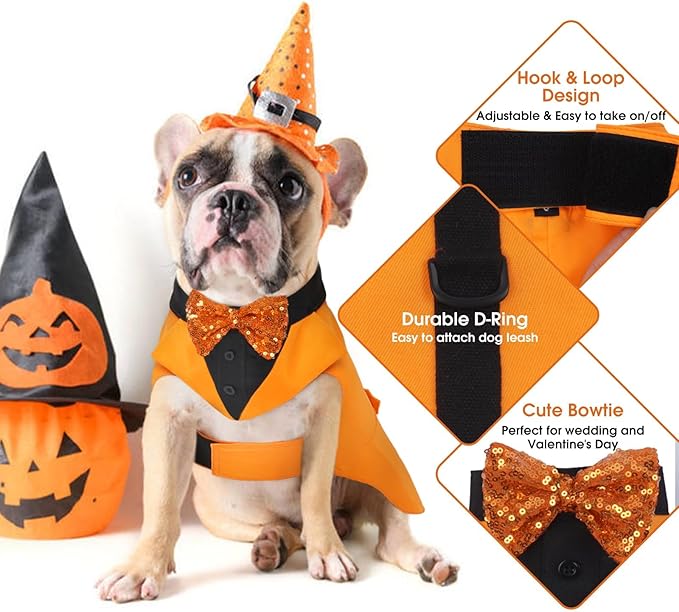 Kuoser Dog Tuxedo Suit and Bandana Set, Pumpkin Color Dogs Thanksgiving Outfit Adjustable Dog Halloween Costume with Bow Tie for Large Medium Small Dogs Golden Retriever Samo Bulldogs, S