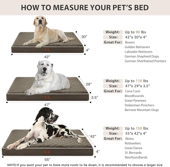 WNPETHOME Orthopedic Big Dog Beds Large Sized Dog, Waterproof Extra Large Dogs Bed with Removable Washable Cover, Multi-Needle Quilting Dogs Crate Bed