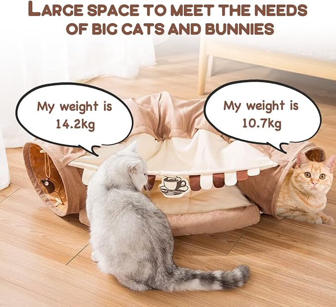 Cat Rabbit Tunnel Bed Nest for Cats Indoor, with Collapsible Washable Soft Cushion, Plush Ball and Exercise Wheel Tube, Fit for Puppy Bunny Kitty Kitten Ferret(2.Coffee)