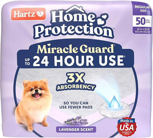 New! Hartz Home Protection Miracle Guard Lavender Scented Dog Pads, Regular Size 50 Count, 24 Hour Use, Won't Leak and Odor Eliminating