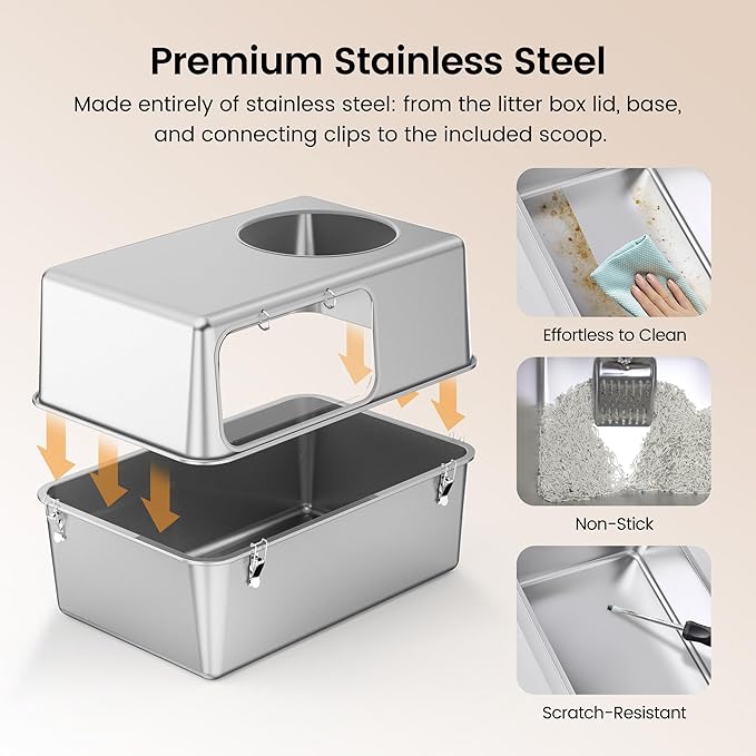 Stainless Steel Litter Box with Lid, Enclosed Metal with High Sides, Large Cat Litter Box, Dog-Proof, Odor Control, Easy to Clean,Durable with Round Edge (Offset Opening)