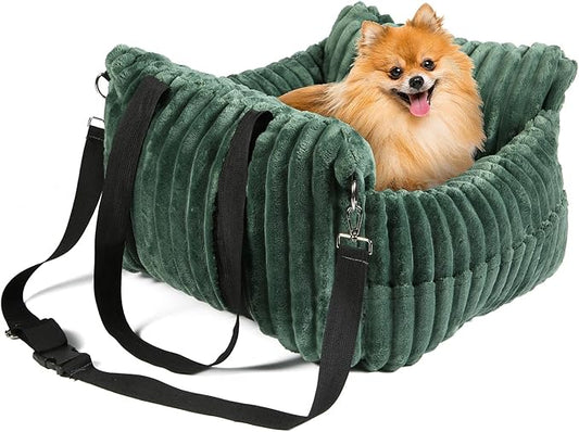 Dog Car Booster Seat, for Small Dogs Under 30 lbs, Detachable Washable Travel Bed with Storage Pockets and Safety Belt (Green, Medium)