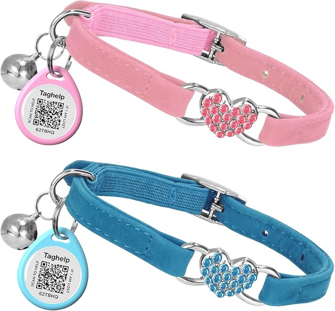2 Pack-Heart Bling Cat Collar with Safety Belt and Bell Diamond,Adjustable Soft Velvet Leather Safe Kitten Collars with Crystal Heart Charm and Bells,Girl Bling Stylish with Safety Elastic (Blue&Pink)