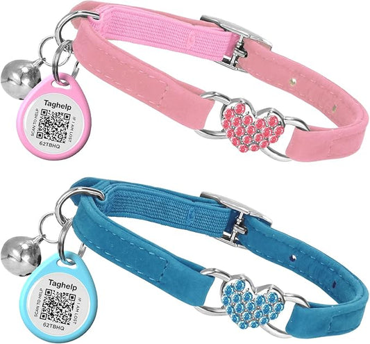 2 Pack-Heart Bling Cat Collar with Safety Belt and Bell Diamond,Adjustable Soft Velvet Leather Safe Kitten Collars with Crystal Heart Charm and Bells,Girl Bling Stylish with Safety Elastic (Blue&Pink)