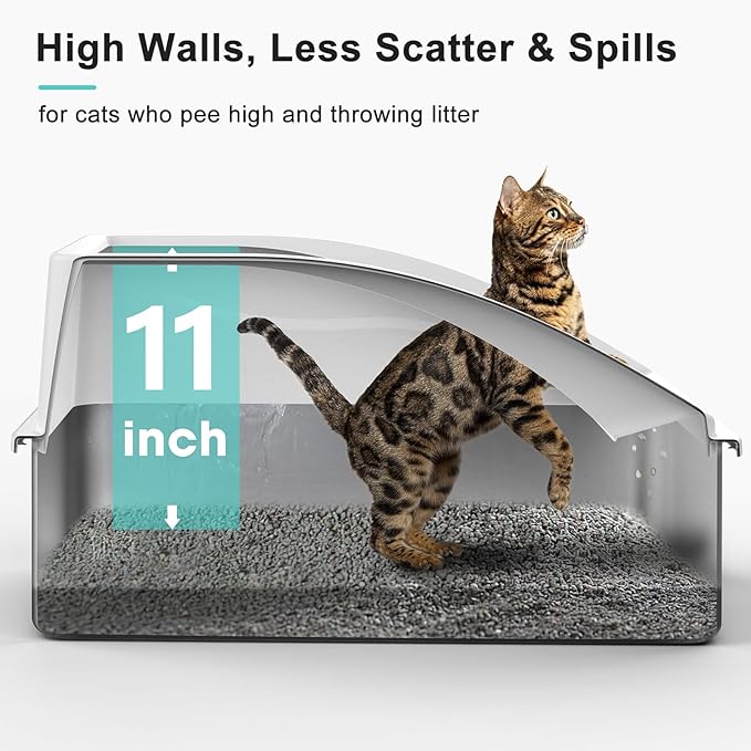 2 Pack Stainless Steel Litter Box | XL Enclosed Cat Litter Boxes with Lid for Big Cats and Multi-Cats | High Sided, Anti-Urine Leakage | Non-Stick Bottom（Silver Gray）