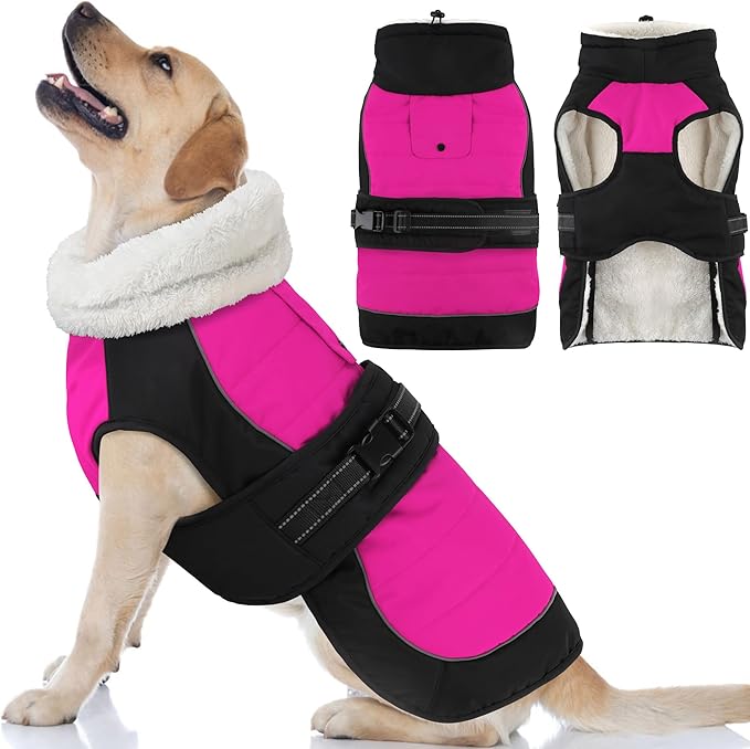 Dogcheer Waterproof Dog Coat, Christmas Dog Winter Jacket, Adjustable Puppy Fleece Coat for Cold Weather, Reflective Turtleneck Snow Jacket for Small Medium Large Dogs - Pink, L