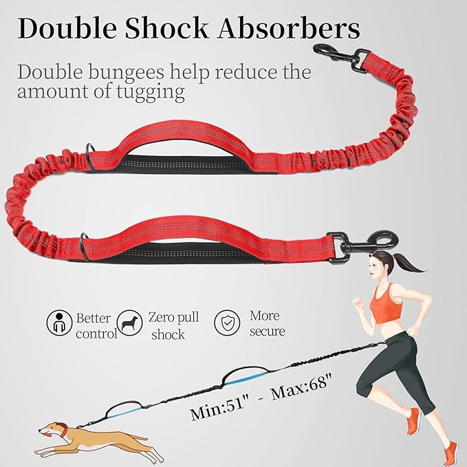 iYoShop Hands Free Dog Leash with Zipper Pouch, Dual Padded Handles and Durable Bungee for Walking, Jogging and Running Your Dog (Medium, 8-25 lbs, Red)