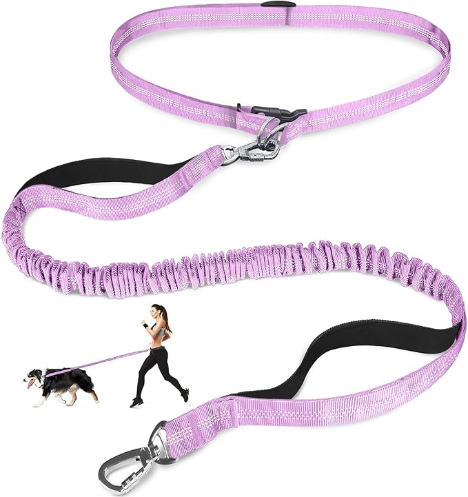 Hands Free Dog Leash, Adjustable Waist Leash for Dog, Handle Bungee 4.2-6.7 Feet Long with Reflective Stitches for Walking Hiking Running, Fits 26"- 43" Waist, Light Purple