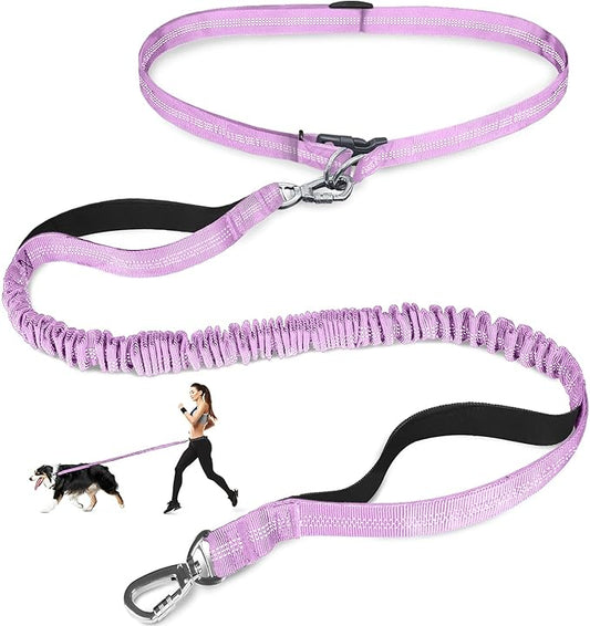 Hands Free Dog Leash, Adjustable Waist Leash for Dog, Handle Bungee 4.2-6.7 Feet Long with Reflective Stitches for Walking Hiking Running, Fits 26"- 43" Waist, Light Purple