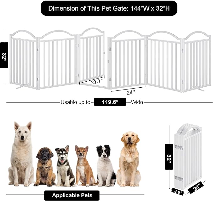 UDD Dog Gate Indoor 144" Extra Wide, 32" Tall Foldable Pet Gate with Door for Stairs Doorways Hallways Porch, Freestanding No Drilling Metal Pet Fence for Dogs Puppy, White 6-Panel