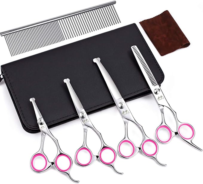 Dog Grooming Kit with Round Tip, 6 in 1 Cat Dog Grooming Scissors, Stainless Steel Pet Grooming Shears for Full Body, Face, Nose, Ear and Paw (pink)
