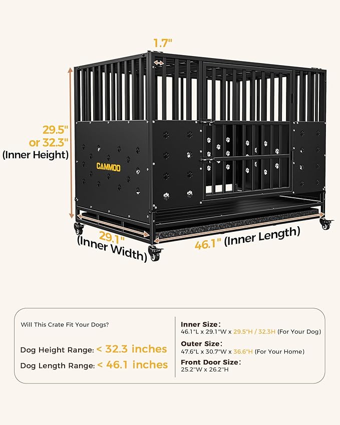 48'' Heavy Duty Dog Crate for Large Dogs, – Upgraded Chew-Proof Panels, Comfort-Widened Floor Panel, Dog Kennel Indoor, Adjustable Internal Height, Easy-Access Wide Door, 4 Lockable Wheels