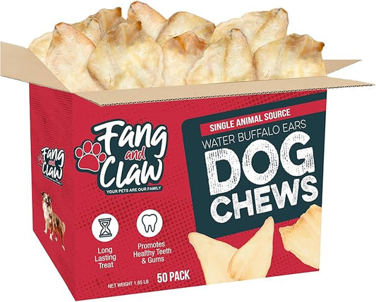 Fang & Claw 50 Count Water Buffalo Ears for Dogs – 100% Natural, Single-Ingredient, Long-Lasting Rawhide Alternative, Grain-Free