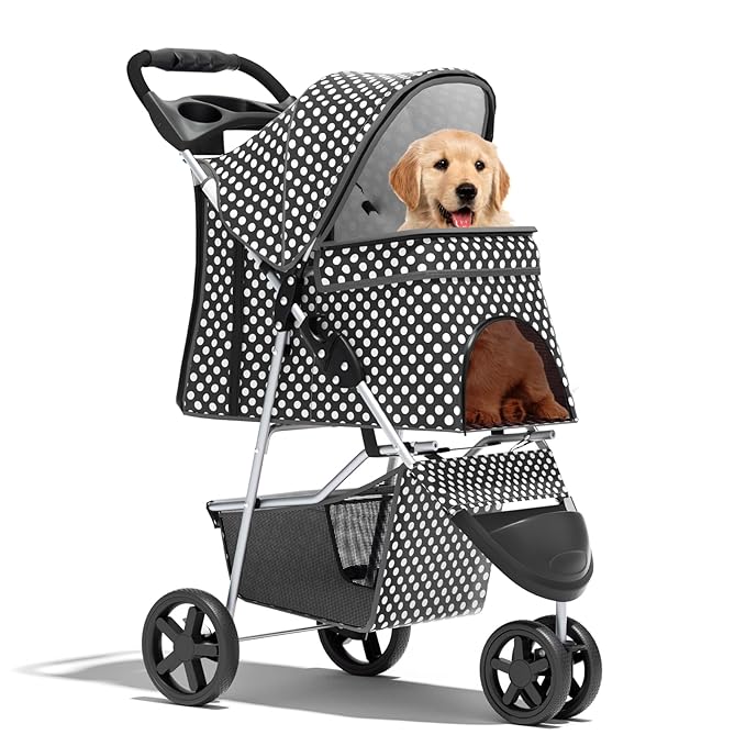 Cat Dog Stroller,3-Wheels Pet Stroller for Medium/Puppy Dogs 30 Lbs, Cat Strollers for 1 Cats, Foldable Dog Stroller with Storage Basket and Cup Holder, Breathable Mesh Black Polka Dots