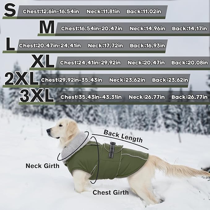 Lelepet Warm Dog Coat Reflective Fleece Vest Waterproof Dog Jacket with Adjustable Buckle Hook & Loop Windproof Cold Weather Coats for Small Medium Large Dogs, Army Green, L