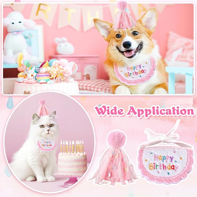 Kunyeah 2Pcs Pet Happy Birthday Hat Scarf Set Puppy Princess Costumes Cute Cat Bandana Outfit Dog Cone Hat wtih Pom-pom Colorful Lace Bib Collar Pet Birthday Decorations Party Supplies (Pink)