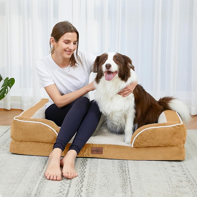 Comfort Expression Orthopedic Dog Bed for Extra Large Dogs 42x30 Inch, Waterproof Supportive Egg Crate Foam XL Pet Bed with Removable Bolsters, Dog Couch with Washable Cover & Non-Slip Bottom, Caramel