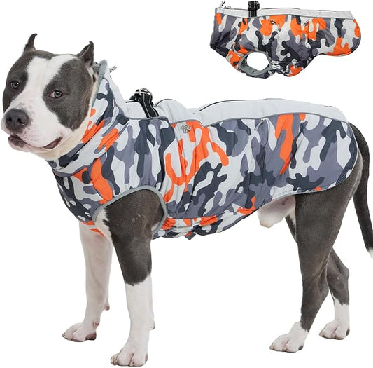Dog Coat Dog Winter Jacke XX Large Warm Dog Coat Zip Up Snowsuit Dog Harness Vest Reflective Water-Resistant Dog Coat Dog Snow Jacket for Large Dogs Border Collie, Pit Bull, Orange-Camouflage