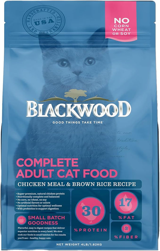 Blackwood Dry Cat Food, Adult Formula, Chicken Meal & Brown Rice Recipe, 4 Pound Bag, High Protein, Slow Cooked