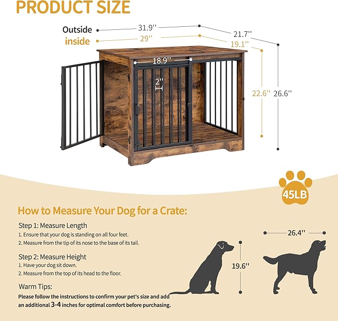 31.9" Dog Crate Furniture with Barn Door, Heavy Duty Dog Kennel Indoor with 2 Doors, Wooden Pet Cage End Table for Small Medium Dogs up to 44 lb, Anti-Chew Anti-Escape, Rustic Brown DFC83601B